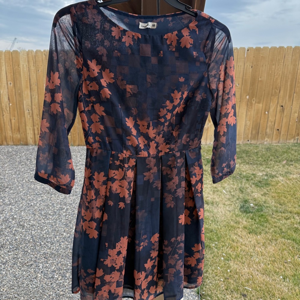 Lavand Navy Blue Orange Maple Leaf Print Pleated 3/4 Sleeve Lined Dress Medium